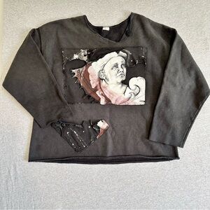 Vintage 90s Art Sweatshirt Deconstructed Raw Hem Button Neck Face Graphic Large